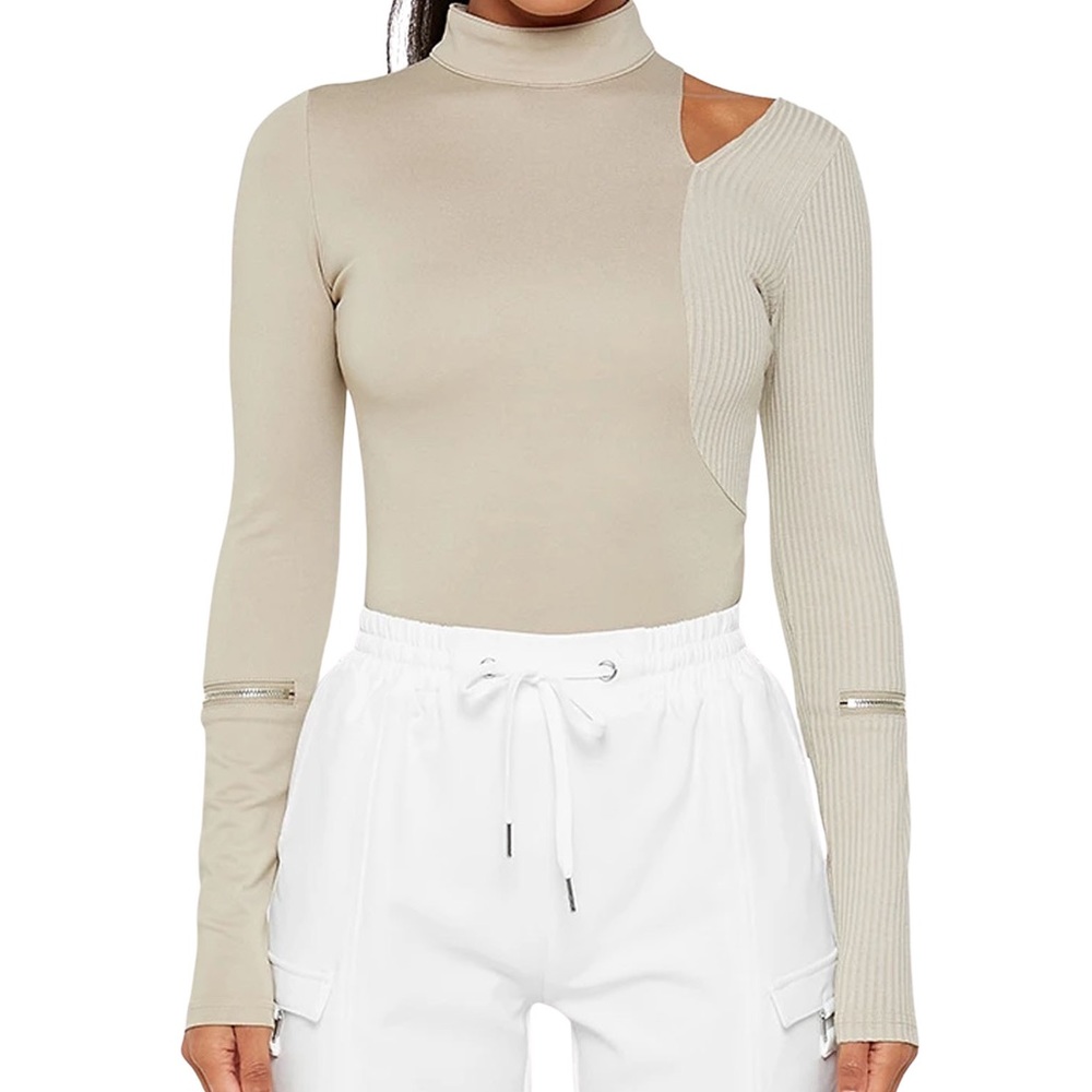 Zip Detail Half Ribbed Bodysuit from Maniere De Voir